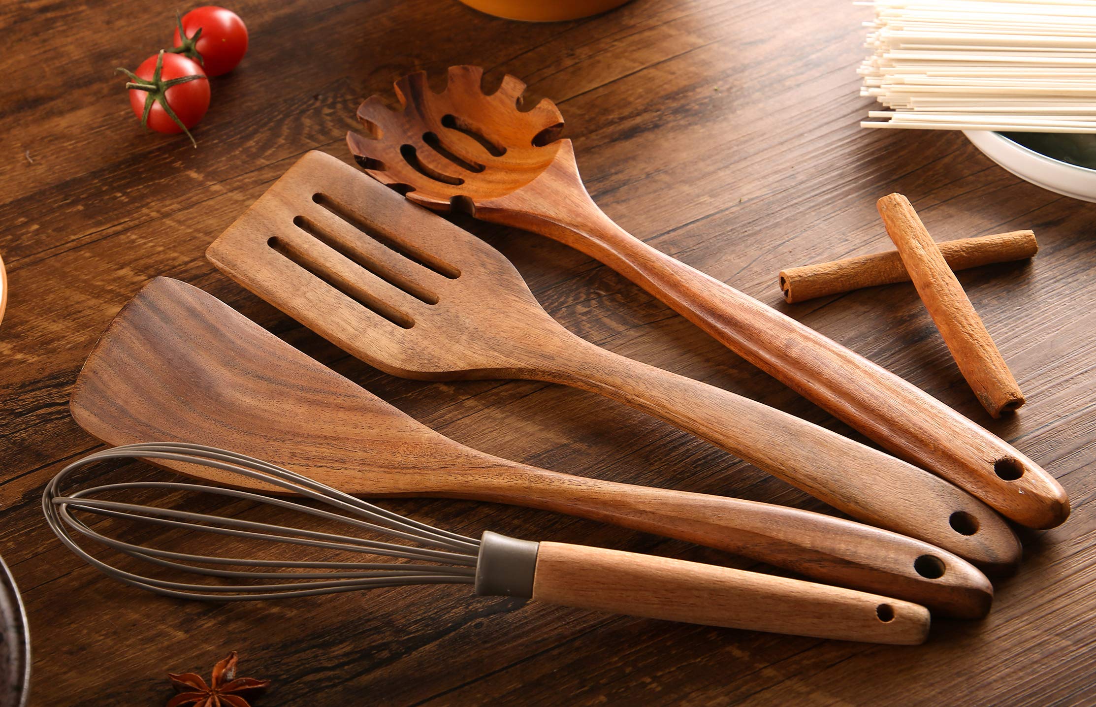 Küchenutensilien-Set aus Holz mit Utensilienhalter, 11-teiliges Teakholz-Kochlöffel und Spatel zum Kochen, inklusive Löffel, Schöpfkelle, Gabel (11)