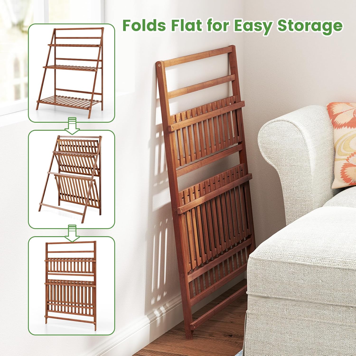 3-Tier Bamboo Plant Flower Stand Rack Shelf, Foldable Planter Racks, Pot Organizer Storage Rack Display Shelving Plants Shelf Unit Holder (brown)