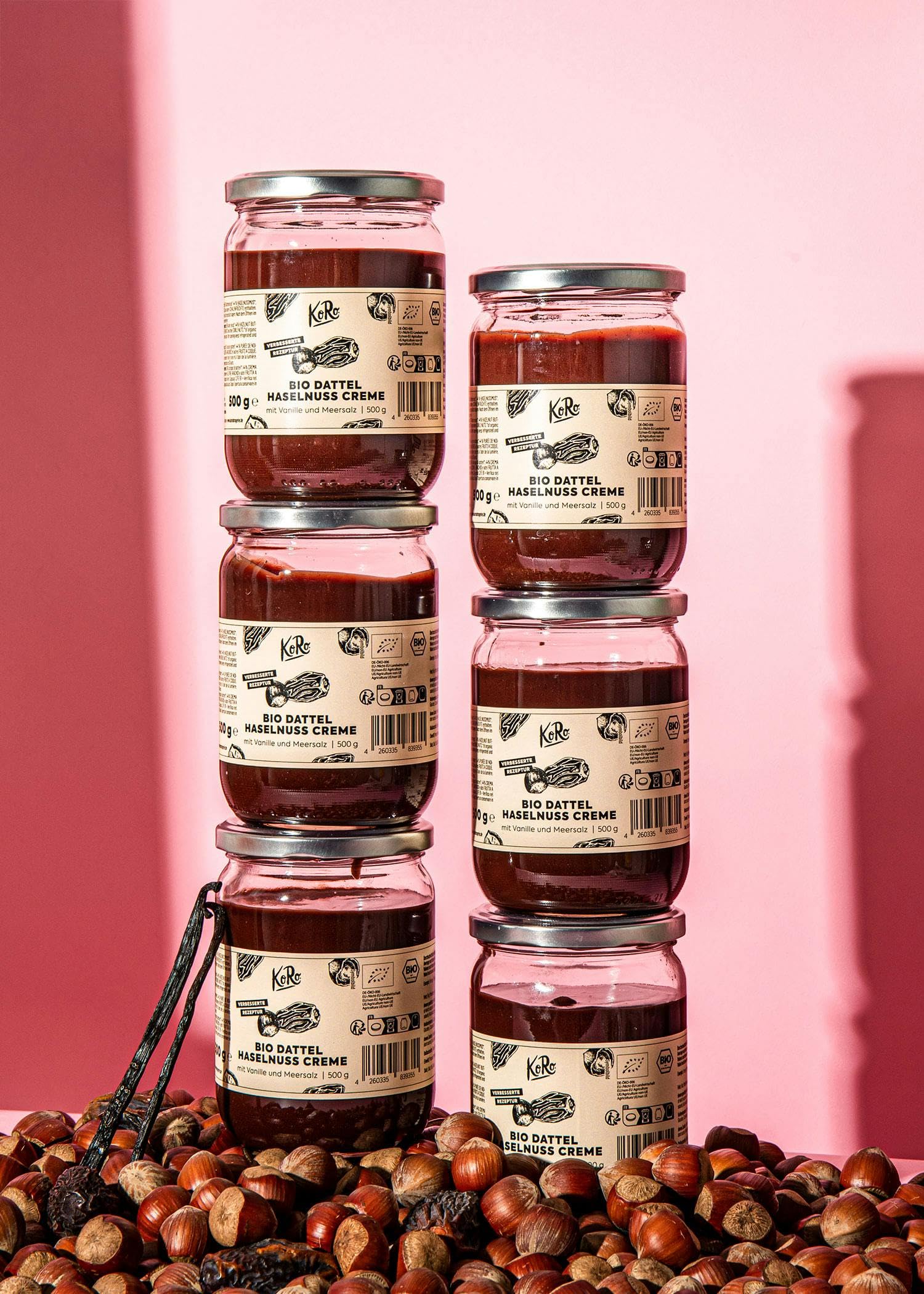 KoRo - Bio Dattel Haselnuss Creme 6 x 500 g - Mit Bourbon-Vanille - Mit Dattelsirup gesüßt - Ohne Palmöl - Vegan - Nur vier Zutaten