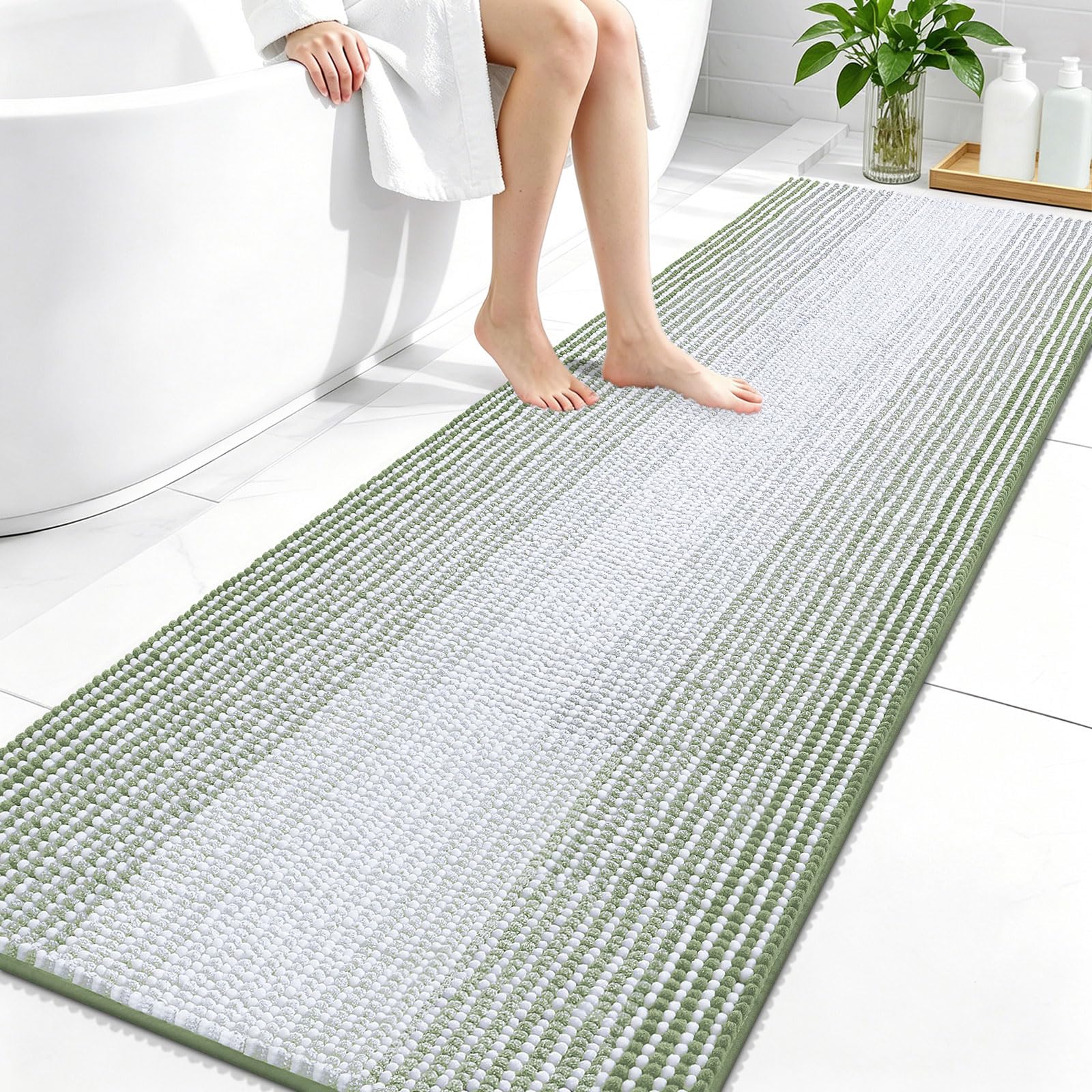 OLANLY Bathroom Runner Rugs 70x24, Chenille Striped Bath Rugs, Sage Green