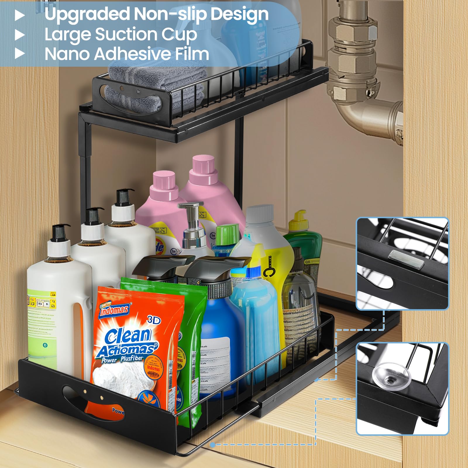 Strickland Home 2 Pack Under Sink Organizer,Two Tier Sliding Kitchen Organization and Storage, Multi-Use Under Sink Organizer for Kitchen Bathroom Pantry Cabinet Closet,Black
