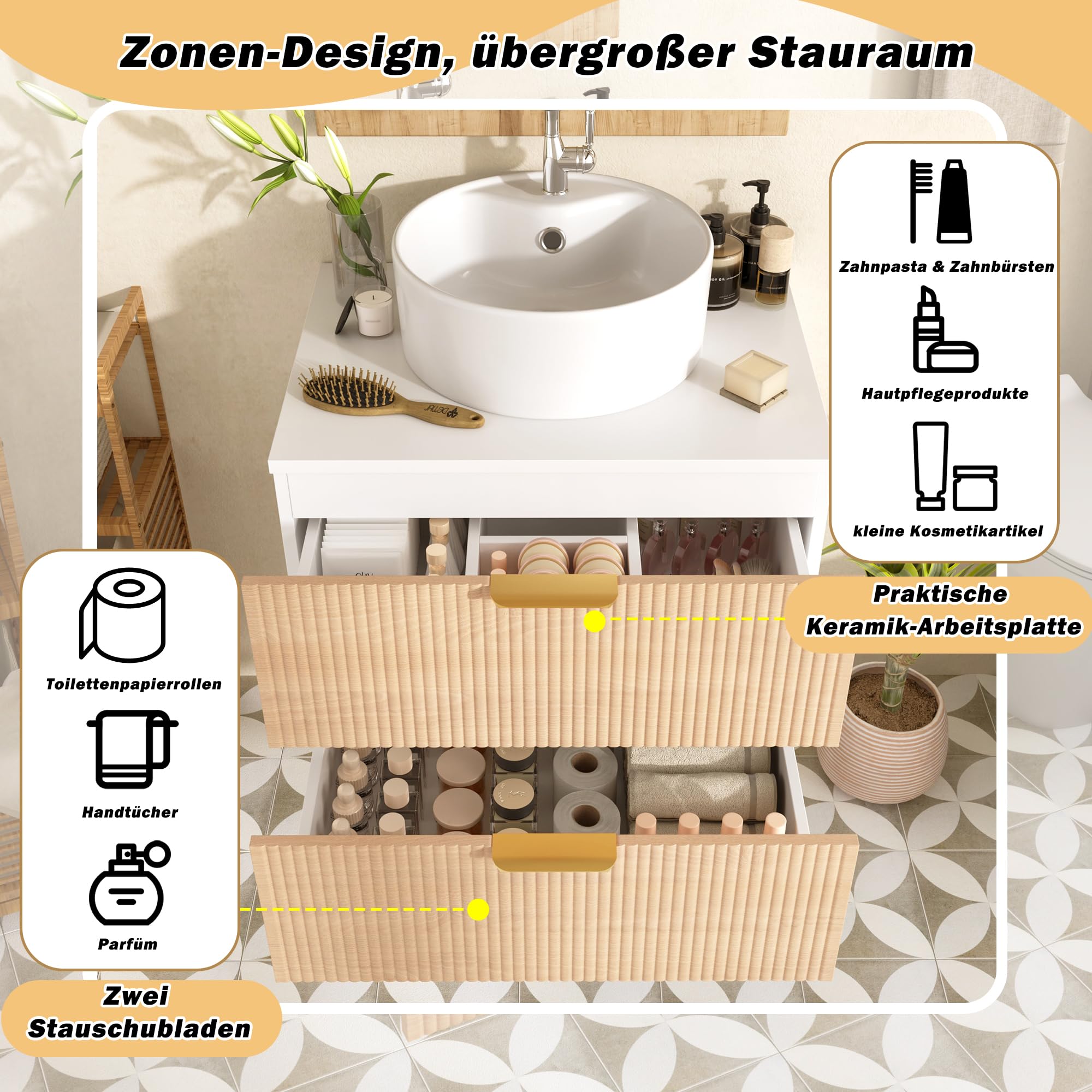 Armario de baño de 60 cm montado en la pared con lavabo de cerámica redondo, frentes de cajones con aspecto de madera con diseño de rayas simples, tablero MDF de alta calidad, gran capacidad de