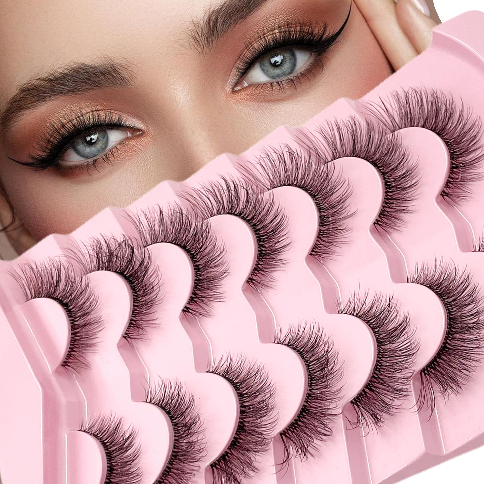 IFLOVEDEKD Faux Mink Lashes with Clear Band Eyelashes Natural Fluffy 3D Volume D Curl Wispy Eyelashes that Look Like Extensions Fake Eyelashes 7 Pairs Pack