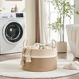 KAKAMAY Large Blanket Basket (20x13),Woven Baskets for storage Baby Laundry Hamper, Cotton Rope Blanket Basket for Living Room, Laundry, Nursery, Pillows, Baby Toy chest (White and Brown)