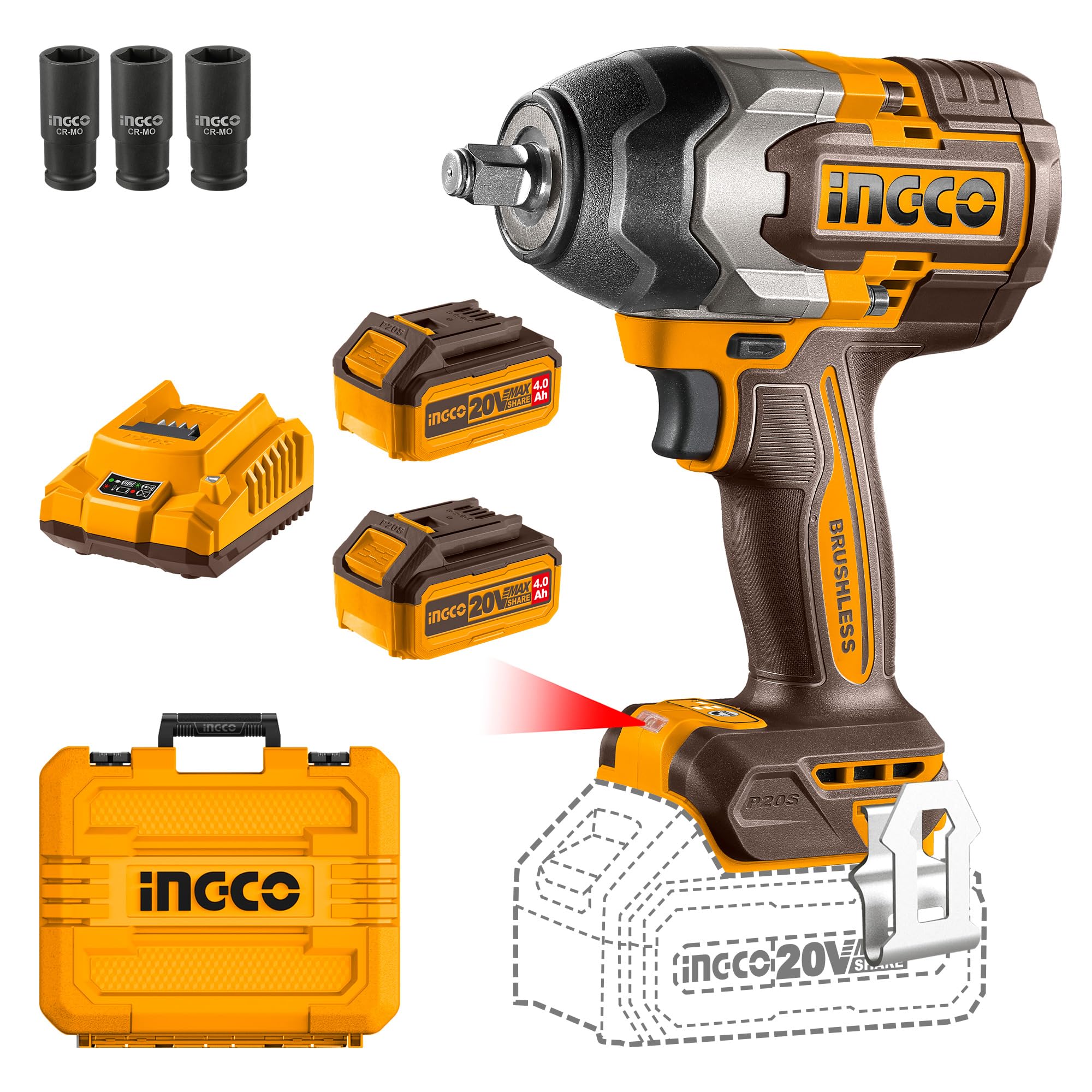 Ingco Cordless Impact Fixed Square Wrench, Nut-Busting Torque1000Nm,  Brushless Motor 1/2 Inch 20V Battery Impact Gun with PCS Ah Battery  Packs