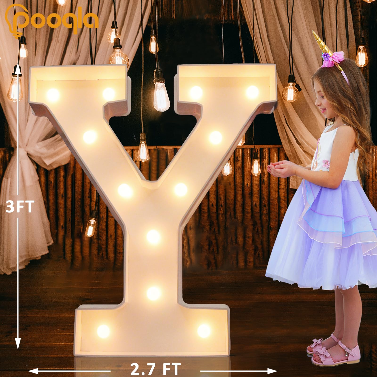 Pooqla 3FT Marquee Light Up Letters, LED Large Lighted Marquee Letters, Big Mosaic Letters for Balloons for Birthday Decoration Anniversary Wedding Party Decor, Pre-Cut Frame Giant Marquee Letter Y