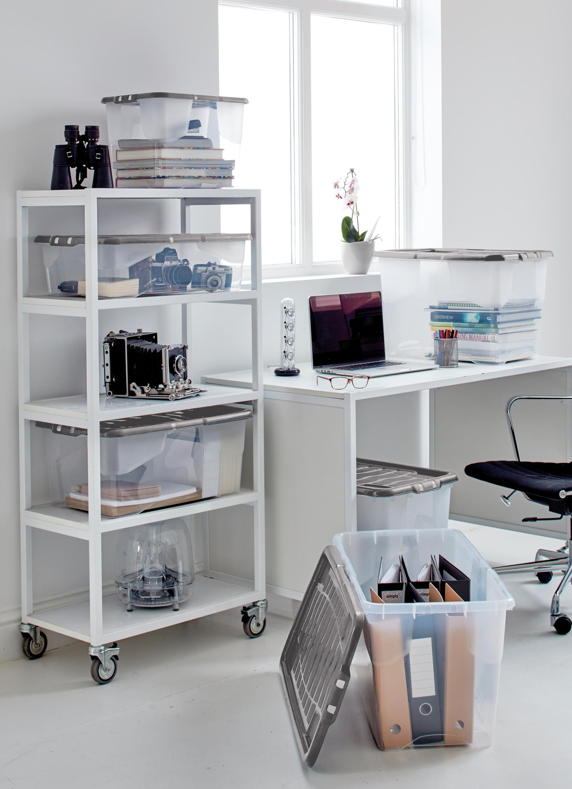 Strata 6 x 80 Liter stapelbare Aufbewahrungsbox aus Kunststoff mit Deckel mit aufsteckbaren Deckeln, 6er-Pack, Multi-Aufbewahrungsbox für Zuhause und Büro, transparente Box, grauer Deckel