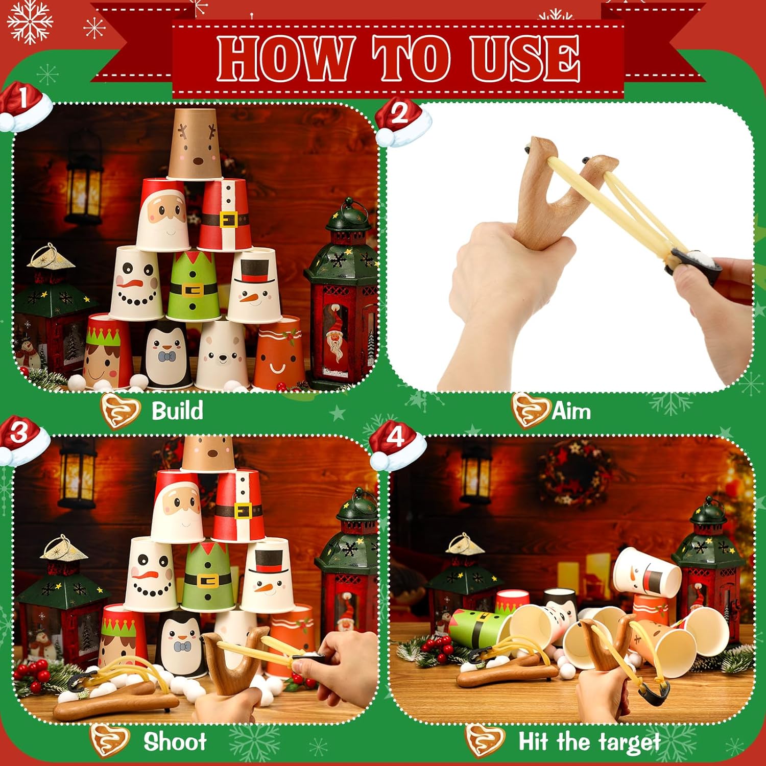 Leitee Christmas Games for Family Party Kids Adults Christmas Party Games with 24 Stacking Cup 2 Wooden Slingshot 2 Spare Slingshot Rubber Band 20 Felt Fake Snowball for Toss Carnival Parties Group