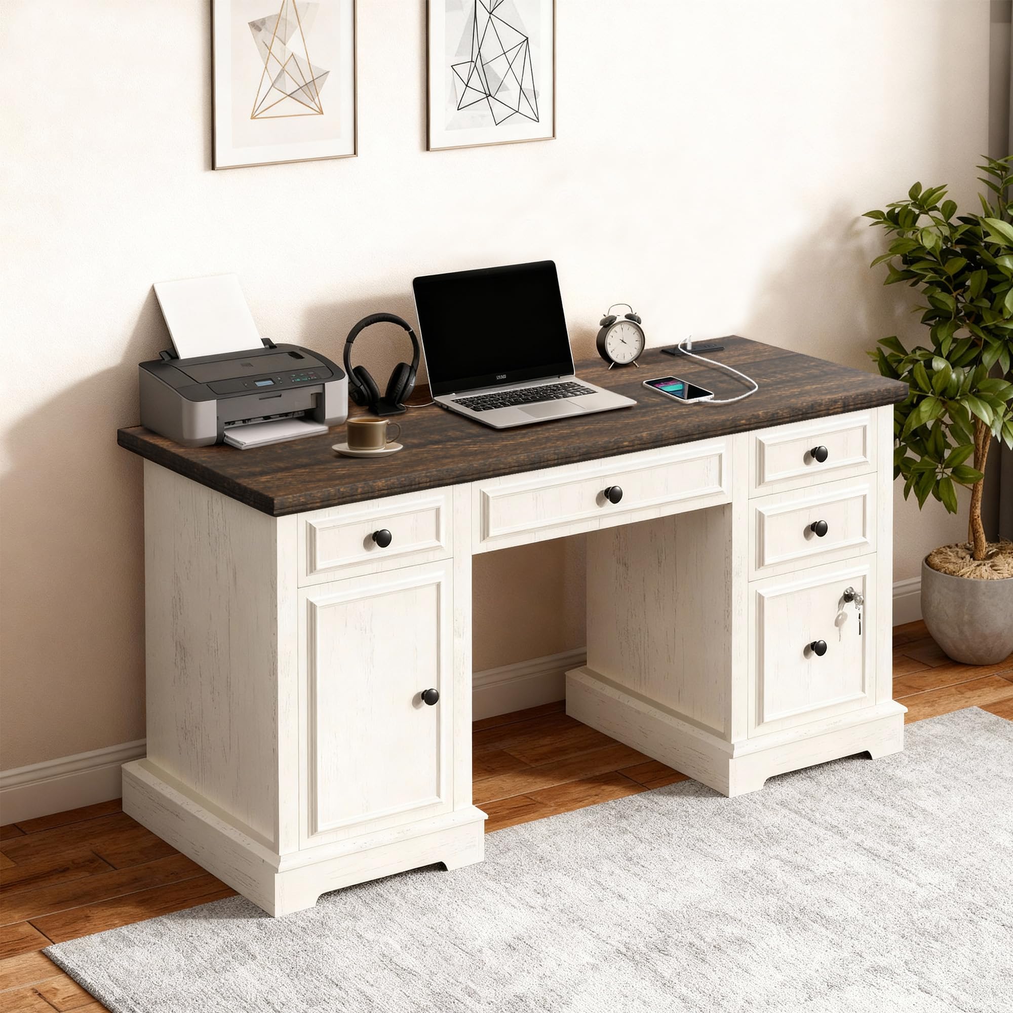 Vipbear 59" Farmhouse Executive Desk with Drawers, Wood Home Office Computer Desk, Featuring Lockable File Drawer, Storage Cabinet & Power Outlet