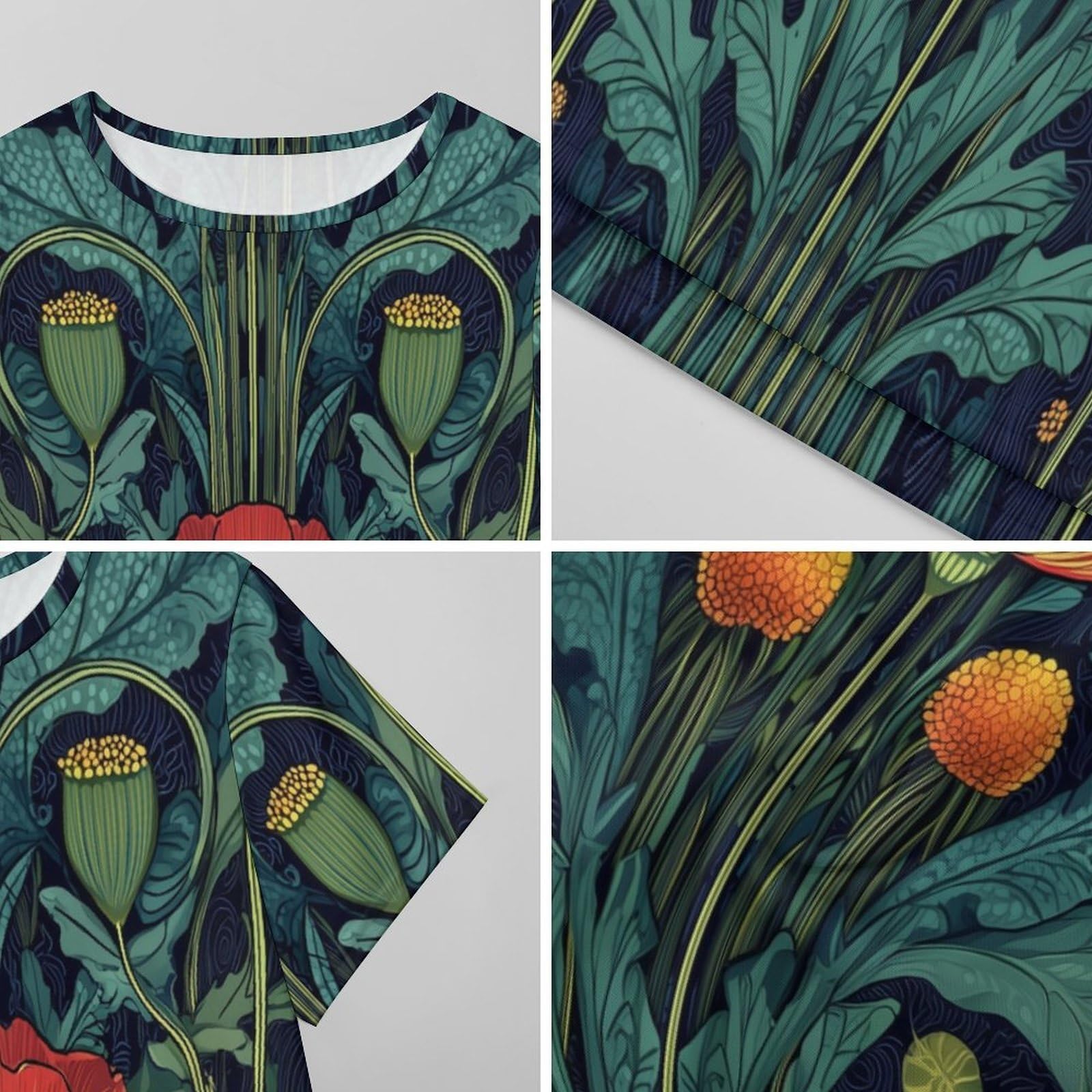 Pijamas De Verano para Mujer - Pequeñas Flores Rojas Camisón De Manga Corta para Estar En Casa Tallas S-3Xl Holgado Largo Suave para El Verano.