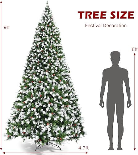 Miniatura 23 de Goplus Árbol de Navidad artificial preiluminado de 7.5 pies, árbol de Navidad flocado de nieve con bisagras con conos de pino, bayas rojas y 550