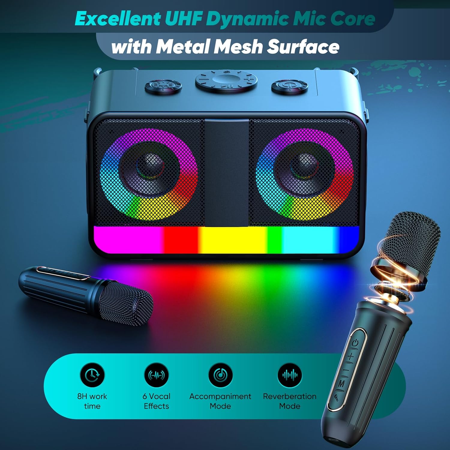 Karaoke Machine, Real 35W Portable Speaker,8H Long Time, 2 Rechargeable Wireless Microphones,LED,Karaoke Machine for Adults & Kids,BT/FM/USB/TF/AUX,for Home Party/Outdoors(CHJ171-Black)