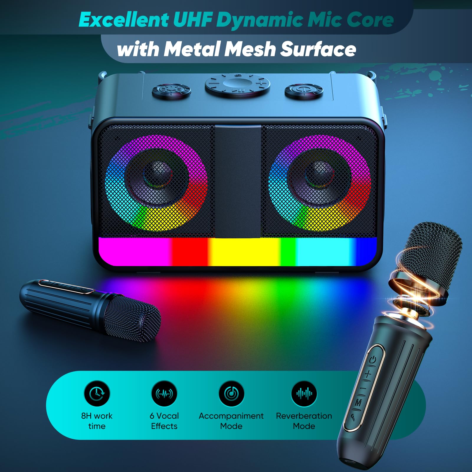 Karaoke-Maschine : Echter Tragbarer Lautsprecher mit 35W, 8-Stunden-Autonomie, 2 Aufladbare Drahtlose Mikrofone, LED, Karaoke-Maschine für Erwachsene & Kinder (CHJ171-Black)