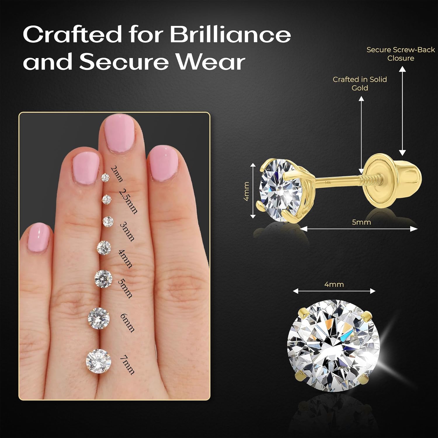 Art and Molly 14K Solitaire Gold Earring Solid 14-Karat Round Cubic Zirconia Stud Earrings with Screw-Back, CZ Studs with Gift-Ready Box - Image 2