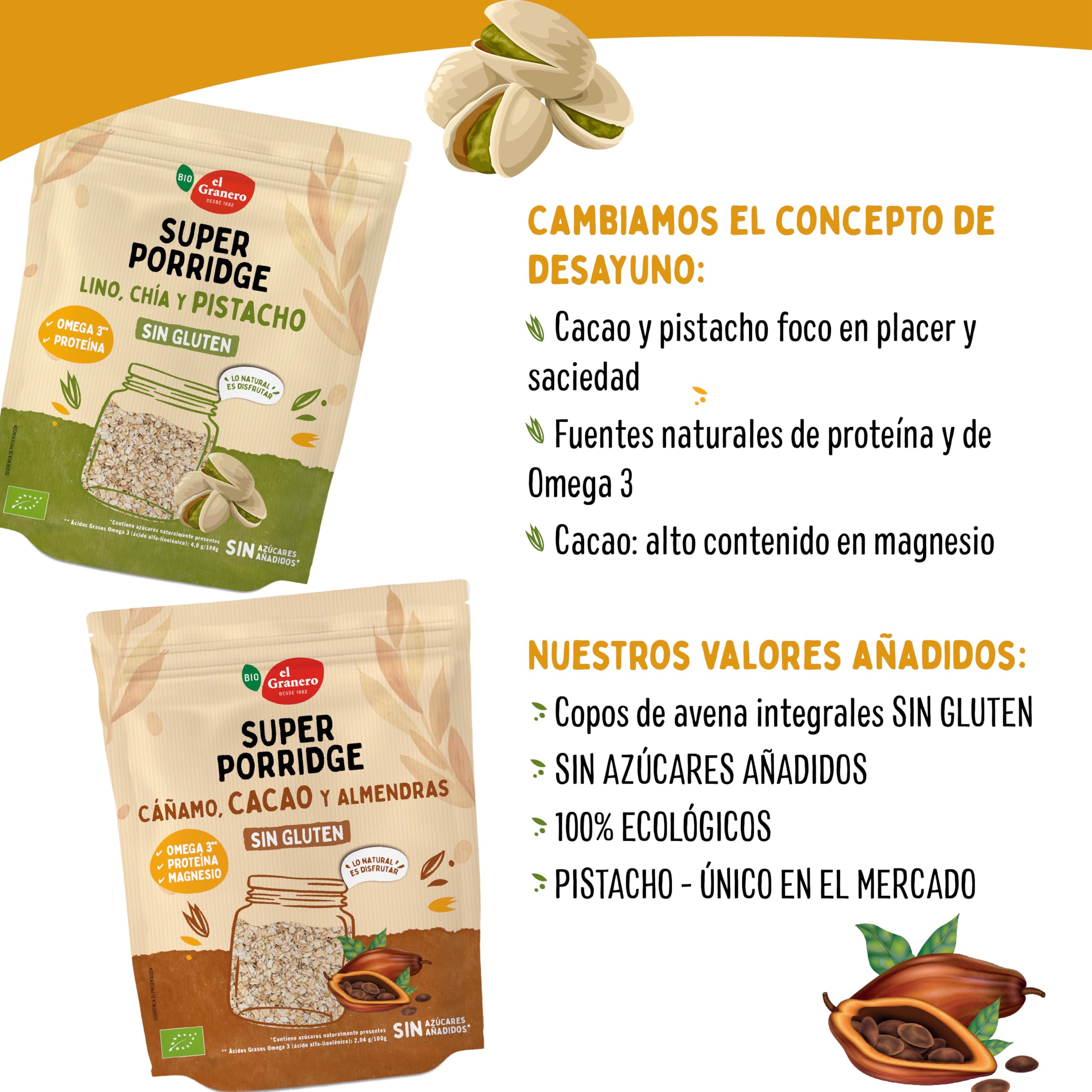 EL GRANERO INTEGRAL - Super Porridge Bio de Cacao Sin Gluten – Desayuno Ecológico, Vegano y Nutritivo – Alto en Fibra, Omega 3, Proteína y Magnesio – 350 g