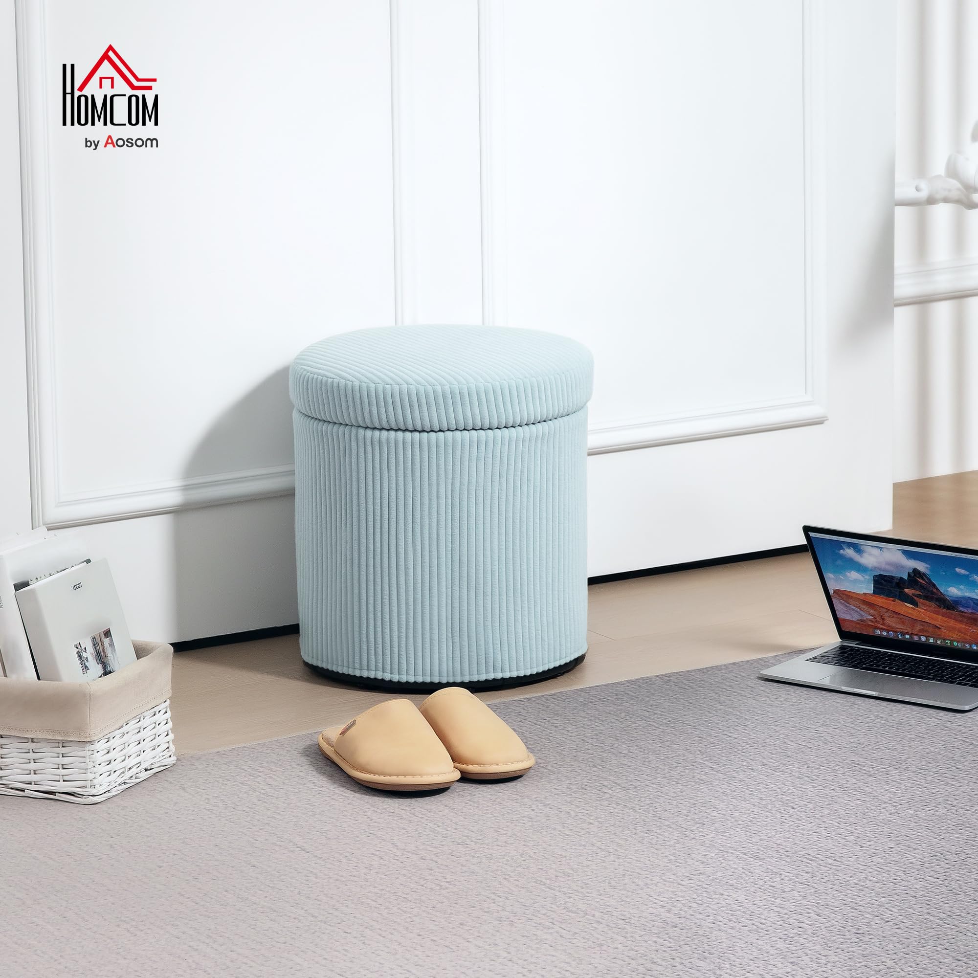 HOMCOM Puff Almacenaje Baúl de Almacenaje Redondo Tapizado en Pana Asiento Acolchado Tapa Extraíble para Pasillo Dormitorio Salón Ø40x41 cm Azul Claro