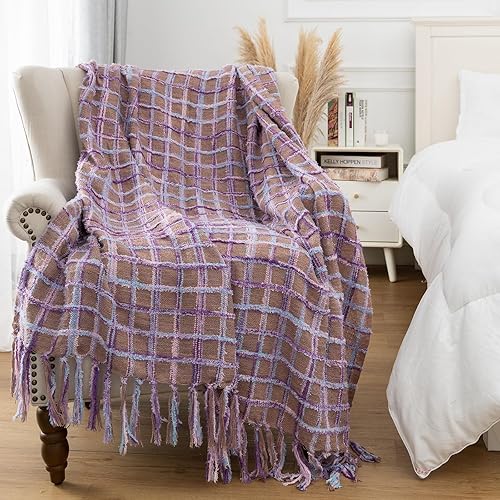 Miniatura 3 de Gealaek Manta bohemia ligera, mullida, suave y acogedora manta decorativa para sofá cama, manta mexicana con borlas, caqui, morado, rosa,