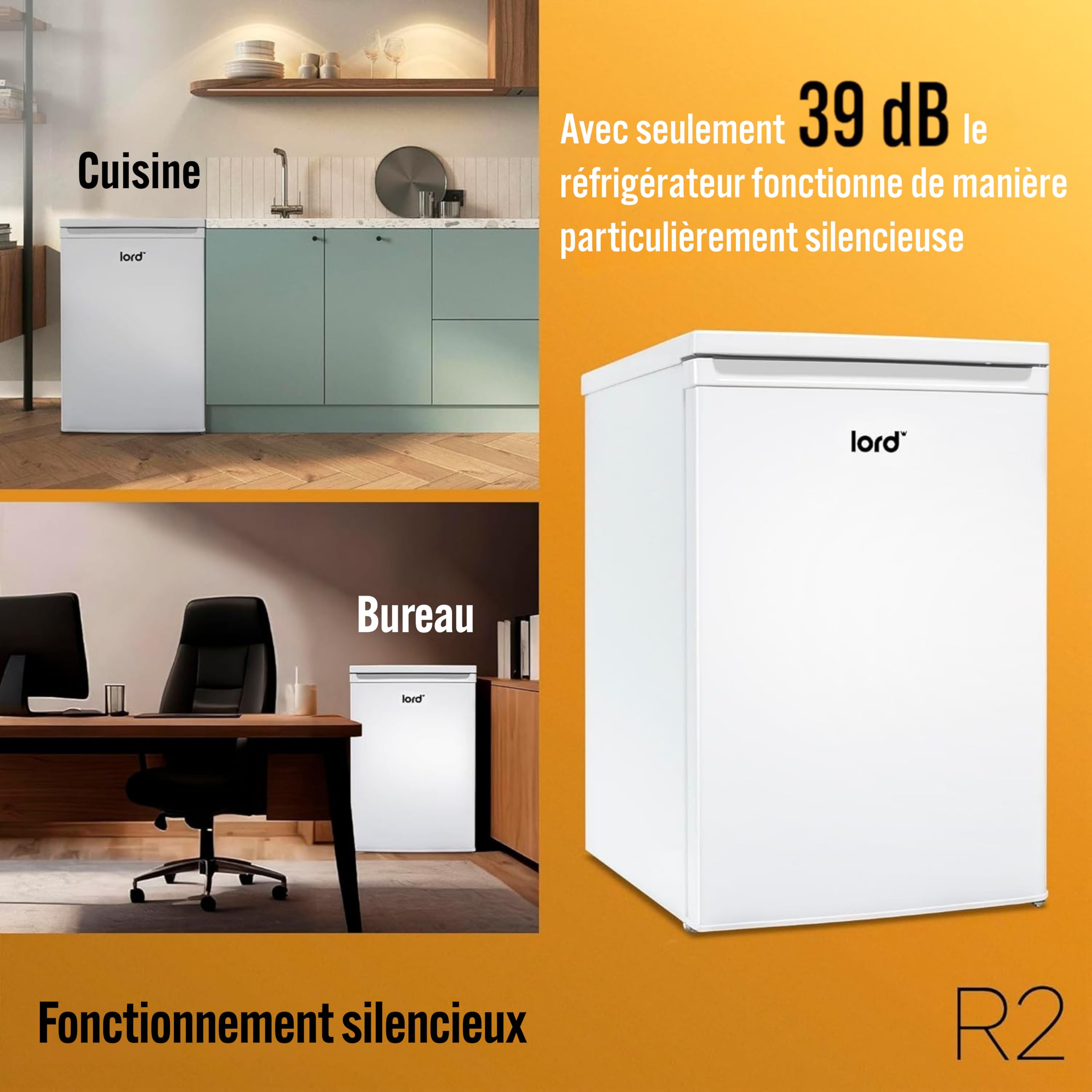 Lord R2 Réfrigérateur 1 Porte – Petit frigo, 85 cm, 127 L, pose libre, sans compartiment de congélation, silencieux 39 dB, classe énergétique E, Blanc