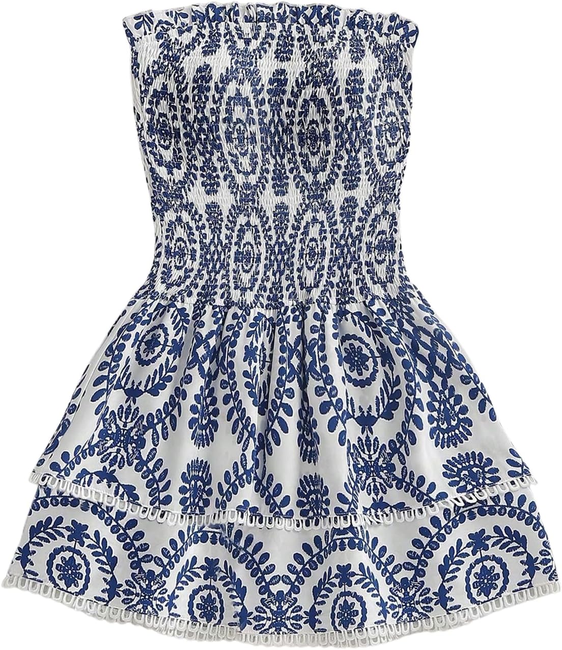 MakeMeChic Women's Summer Ruffle Dress Strapless Mini Dress Shirred Beach Vacation Dresses