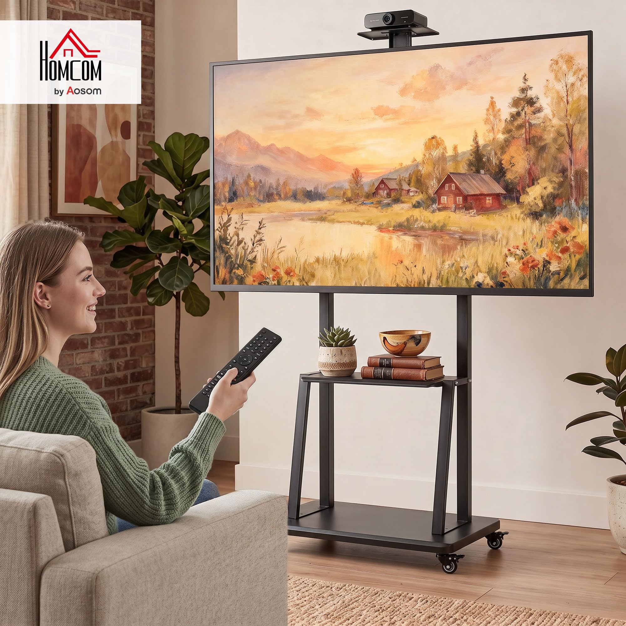 HOMCOM Supporto TV da Pavimento da 32-75 Pollici Max VESA 400x600 mm Nero | Carrello Porta TV, Altezza Regolabile, Ruote a Freno, Ripiano Multimediale, per Schermi LCD/LED/OLED, Carico Max. 50 kg