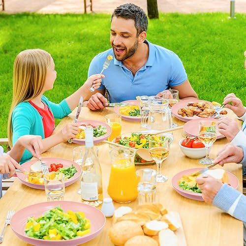 Miniatura 7 de Supernal Juego de vajilla de paja de trigo rosa, platos rosados para 8, juegos de platos y cuencos, platos de plástico reutilizables, platos aptos