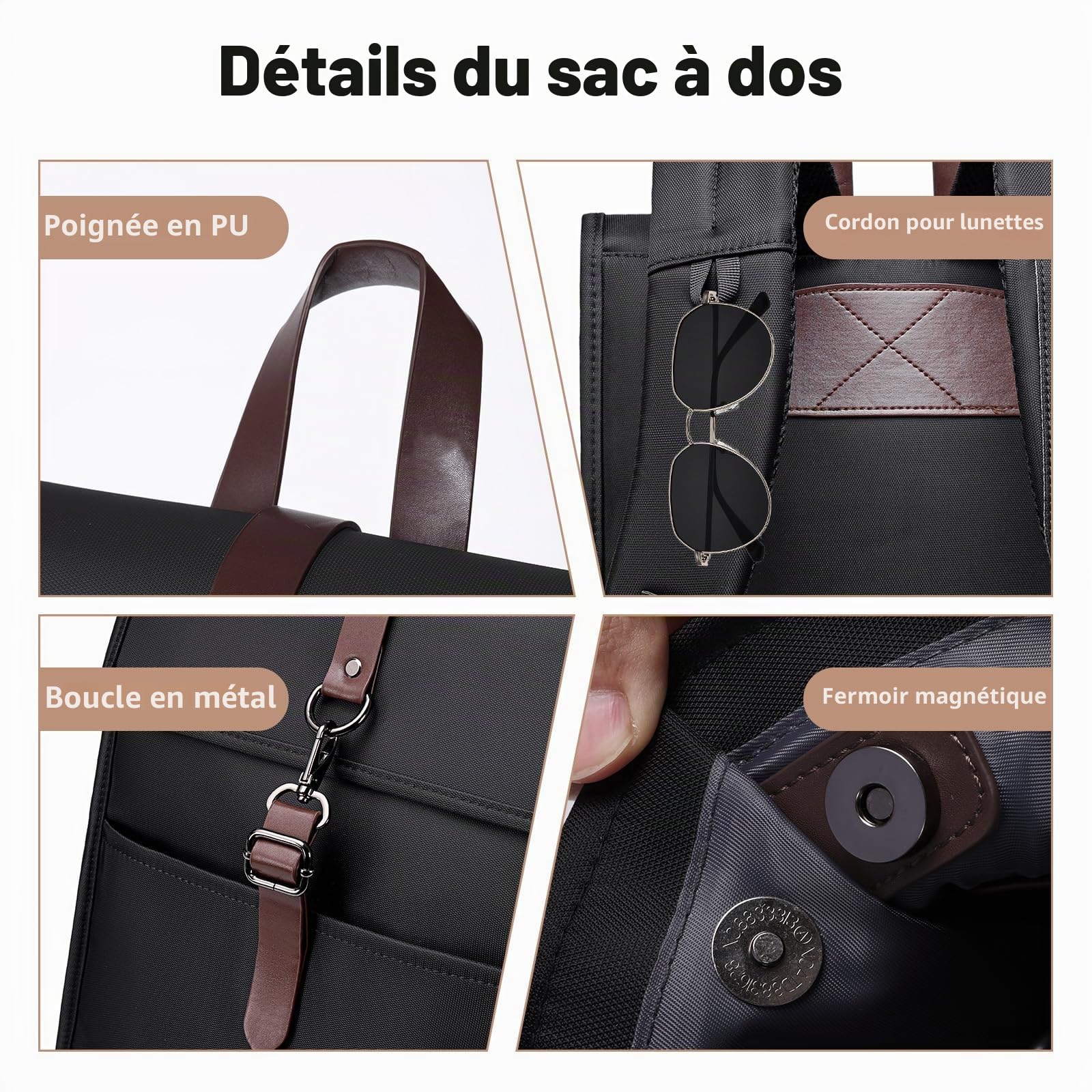 Sac à Dos Ordinateur 15.6 Pouces avec Port de Charge USB, Cartable Élégant pour le Travail, l'Université, les Cours, les Loisirs et les Affaires, pour Hommes et Femmes (14L) - Noir