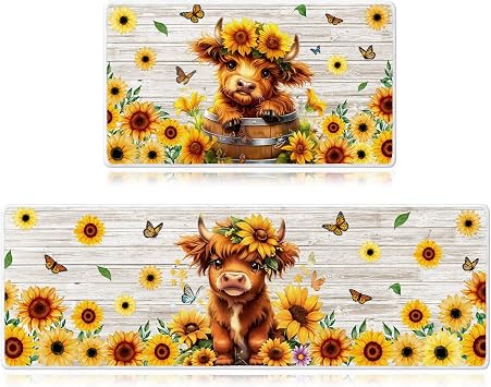 Highland Cow Kitchen Mats Set of 2, Sunflower Farmhouse Runner Rugs for Kitchen Floor, Decorative Absorbent and Washable Non Slip Door Mat 16x28 +16x47
