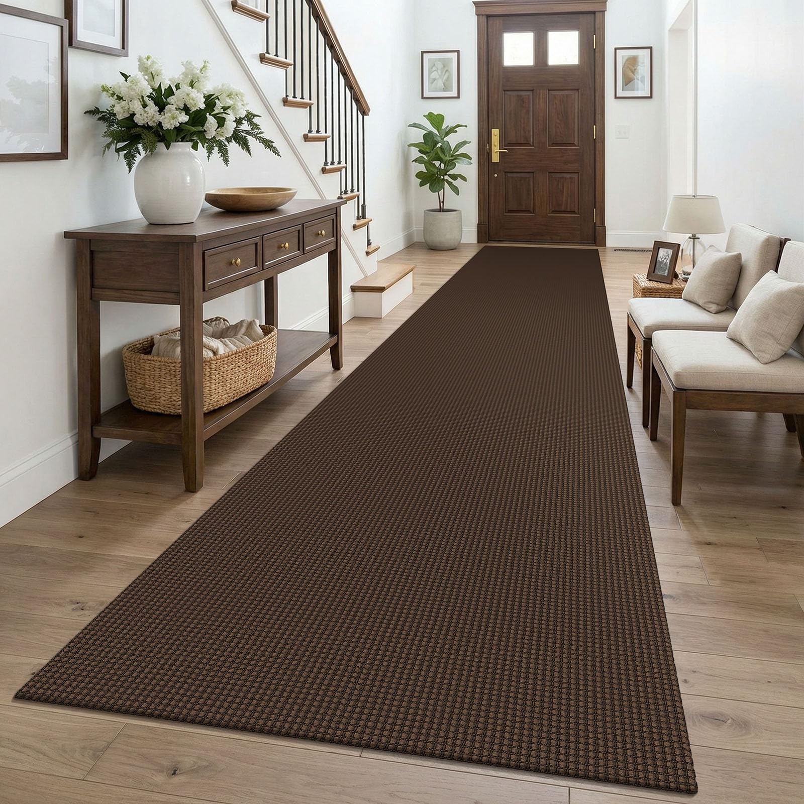 KOZYFLY 3x16 Runners Rugs for Hallway, Extra Long Washable Runner Rug, Non Slip Rubber Backed Kitchen Runner, Cotton Entryway Rug, Floor Carpet for Entry, Aisle, Hall, Brown/Dark Brown — image 1