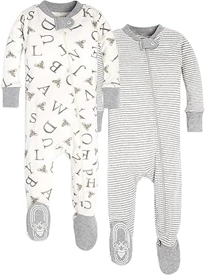 Burt's Bees Baby Baby Boys' Pajamas, Zip-Front Non-Slip Unisex Footed Sleeper Pjs, Organic Cotton