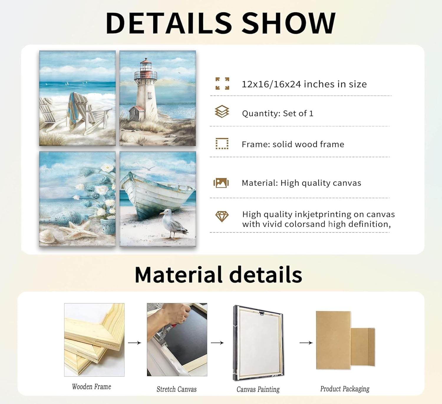 XXOUYLQ 4pcs Blue Beach Canva Wall Art Beach Bathroom Wall Decor Seagull Posters Ocean Flower Pictures lighthouse Painting Starfish Prints Modern Coastal Seascape Canvas frame