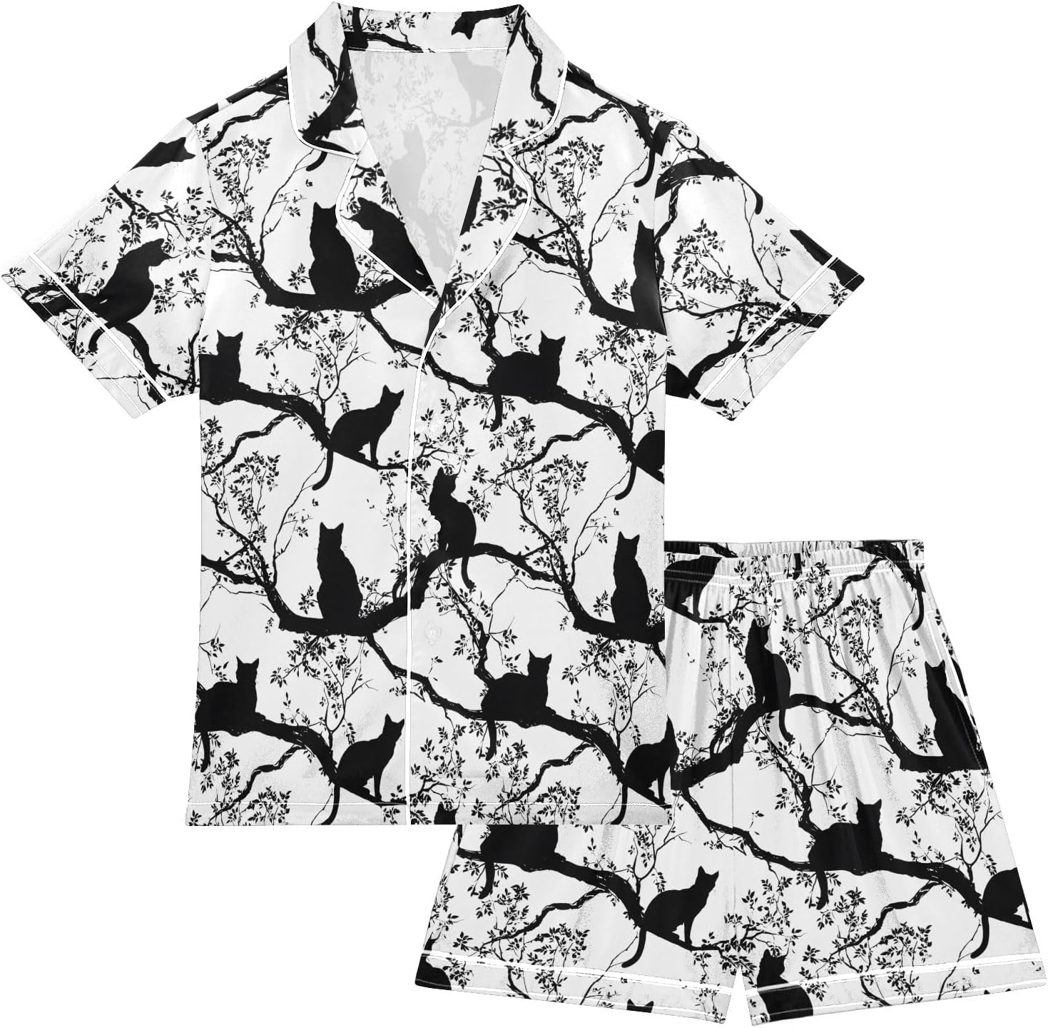 Kids Satin Wear Set Cats Sitting in Tree Pattern Relaxed Fit Clothing Short Sleeve and Shorts