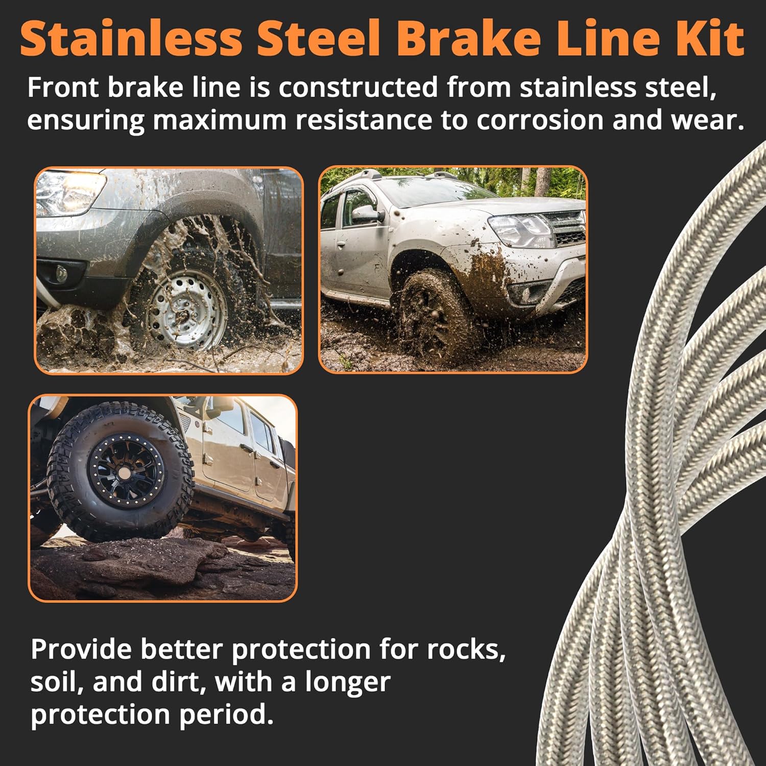 89370 Front Extended Brake Lines Flexible Stainless Steel Braided Hose for 2007-2019 GM Chevy Silverado Tahoe, for GMC Yukon Sierra 1500 2500 3500HD