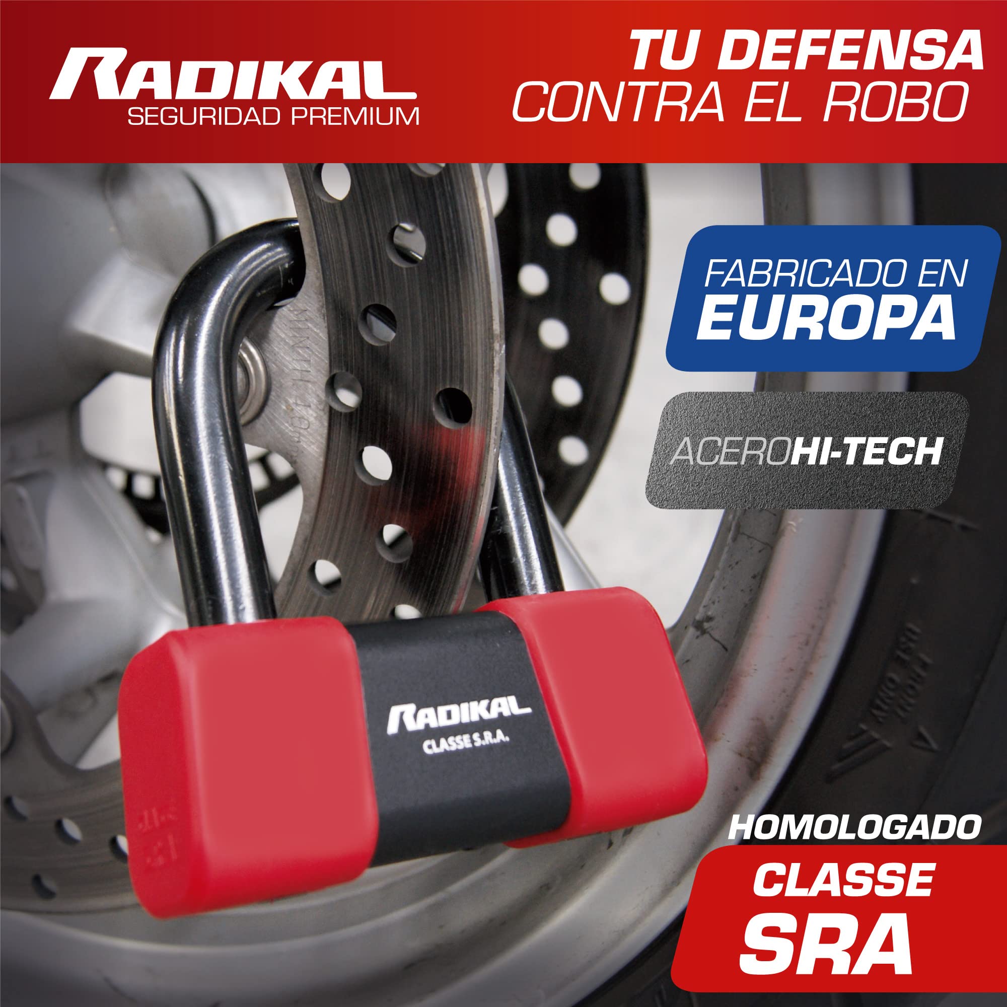 RADIKAL RK75 Candado Moto Disco Mini U Homologado SRA Premium, Más Disuasorio, Testado Brutalmente, Arco ø18mm de Acero Cementado, Doble Cierre, Cable Recordatorio, Bloqueo Antirrobo Cepo Disco Freno