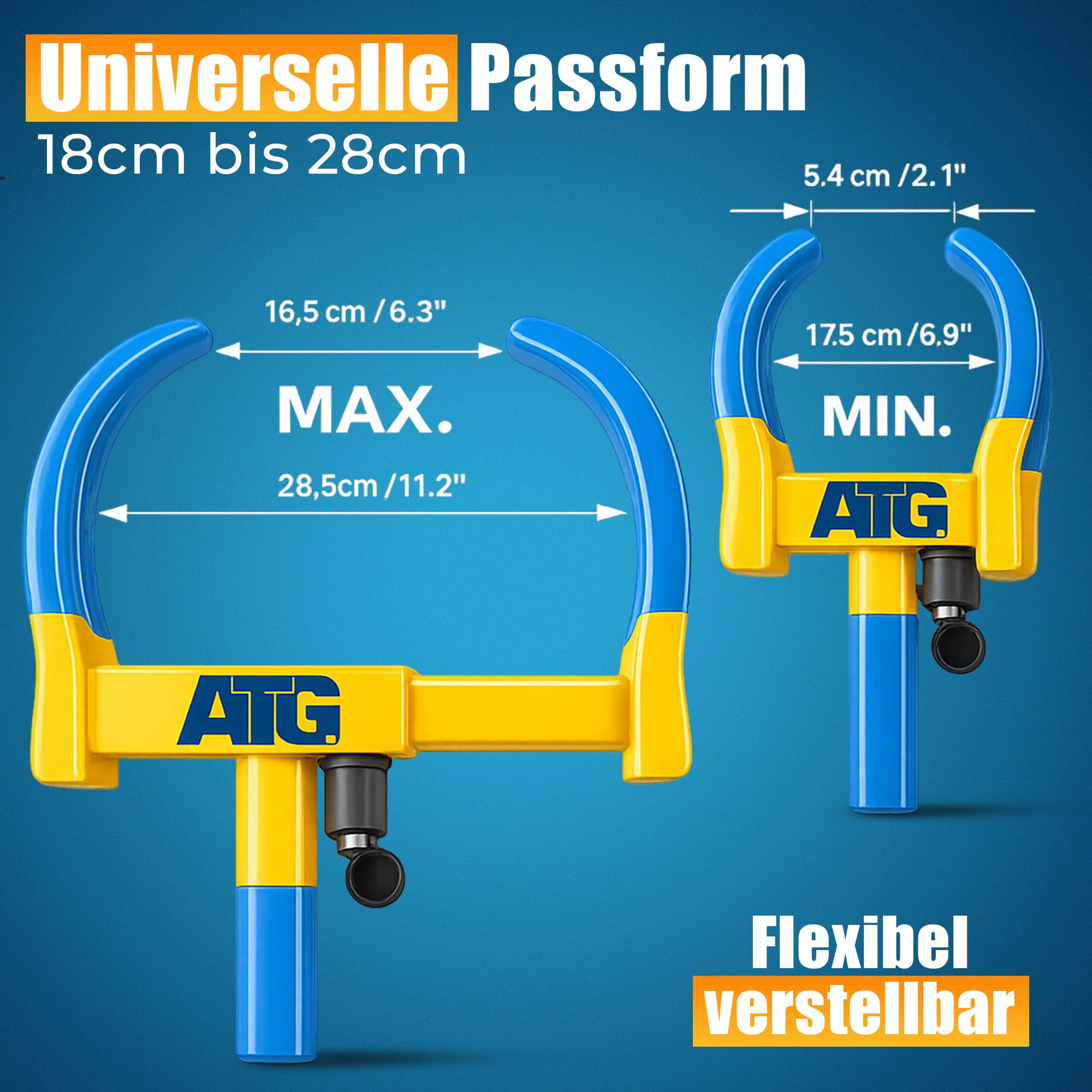 ATG Parkkralle Radkralle für Auto & Anhänger – Universelle Reifenkralle als Wegfahrsperre Auto – Diebstahlsicherung Anhänger für PKW, Wohnwagen, Wohnmobil & Motorrad – Reifenbreite 18–28 cm