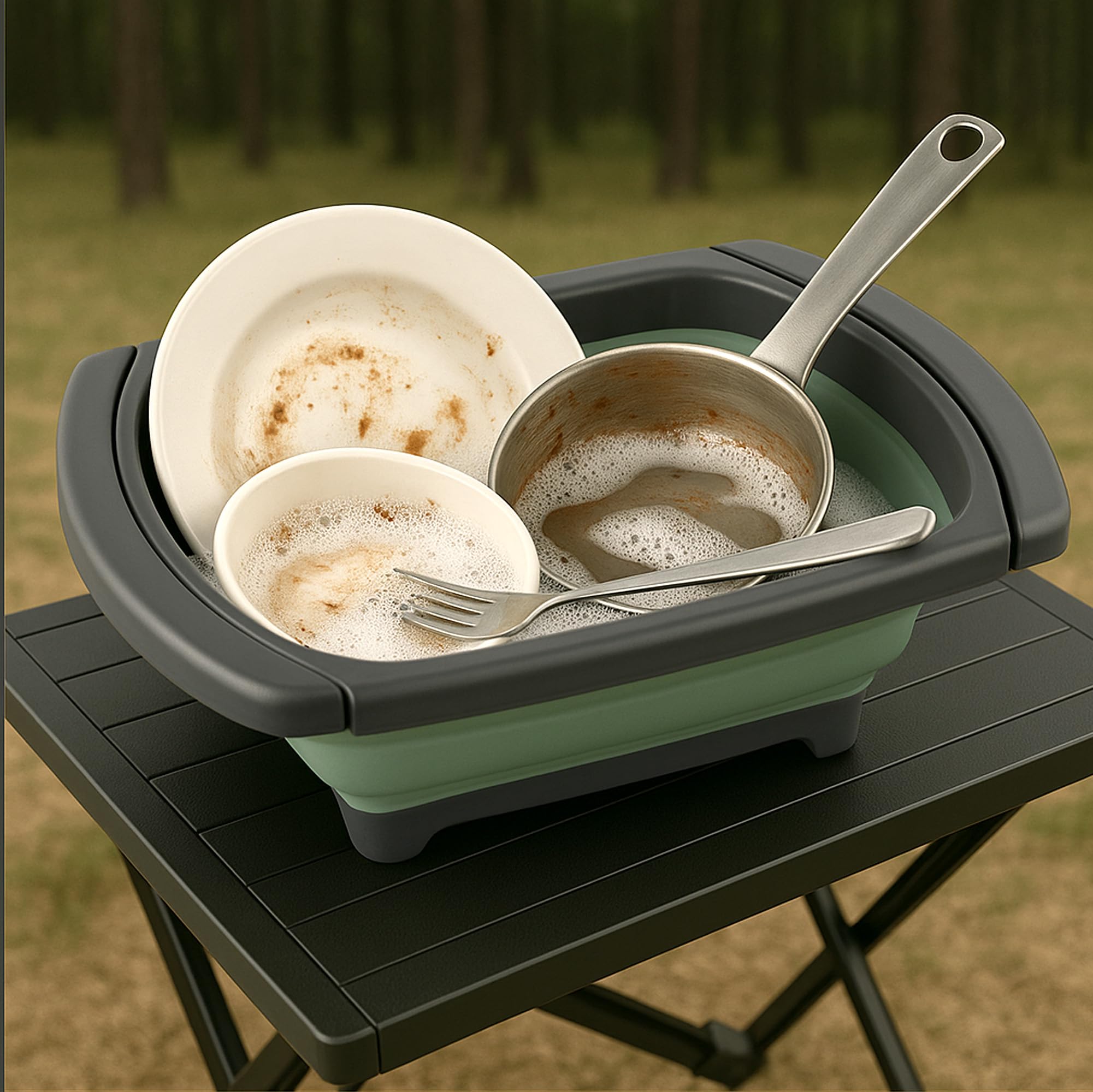Tool & Tree Lavandino pieghevole verde – Ciotola da campeggio con scarico, piedini antiscivolo e maniglie estraibili – Lavandino salvaspazio e robusto per esterni, viaggi, camper e cucina da campeggio