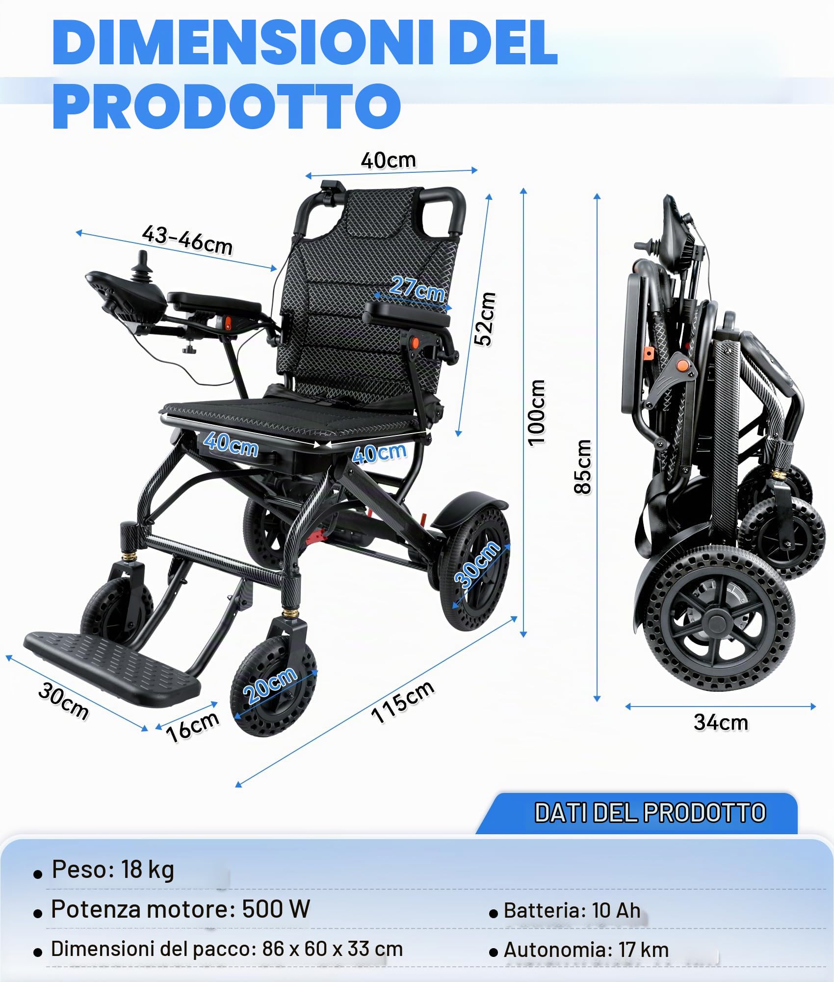 Sedile Elettrico Pieghevole, 170KG Capacità di Carico, Sedile Elettrico Pieghevole Leggero con Doppia Telecomando & Motore 500W & Frenata Elettromagnetica per Anziani, Litio fino a 17 km (Nero)