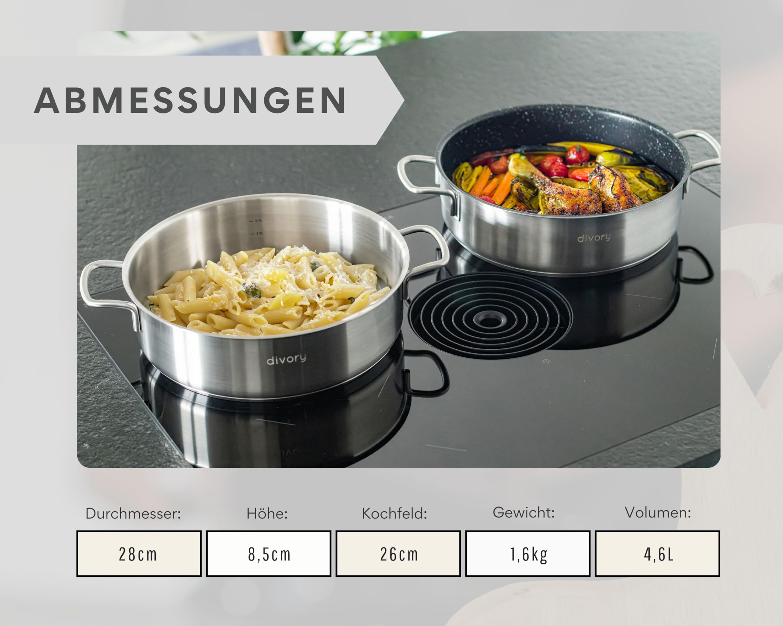 DIVORY Schmorpfanne 28 cm – Hohe Edelstahl Servierpfanne unbeschichtet & ohne PTFE/PFOA, Schmortopf mit Deckel für Induktion & Backofen, Kochtopf 28 cm mit hohem Rand – casserole pan (PURA, 28cm)