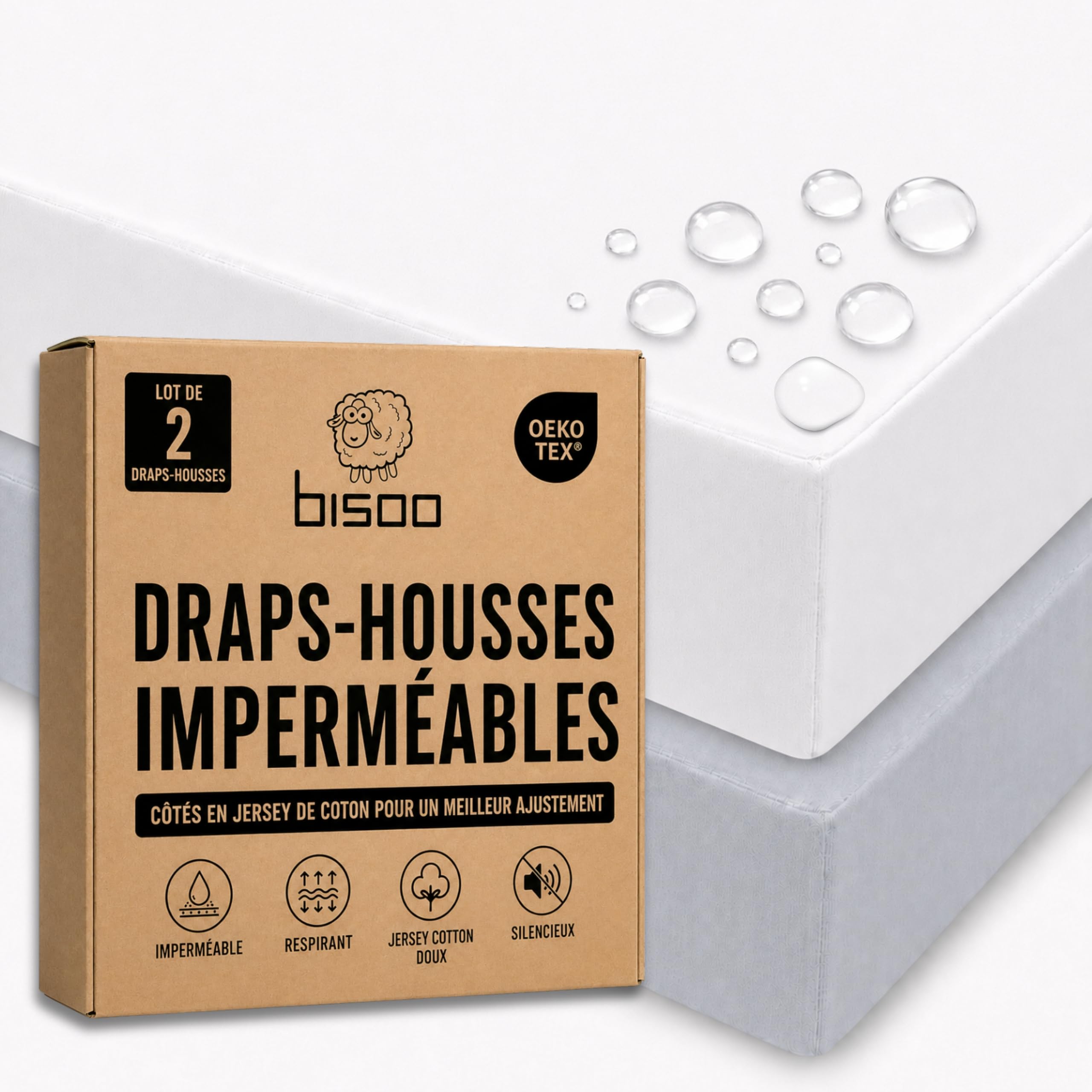 Bisoo Drap Magique. Drap-Housse 60x120 1 Blanc + 1 Gris pour Lit Bébé | Drap-Housse et Alèse en une Pièce, Économie, Imperméable, Respirant, Silencieux, Coton Jersey Oeko-Tex