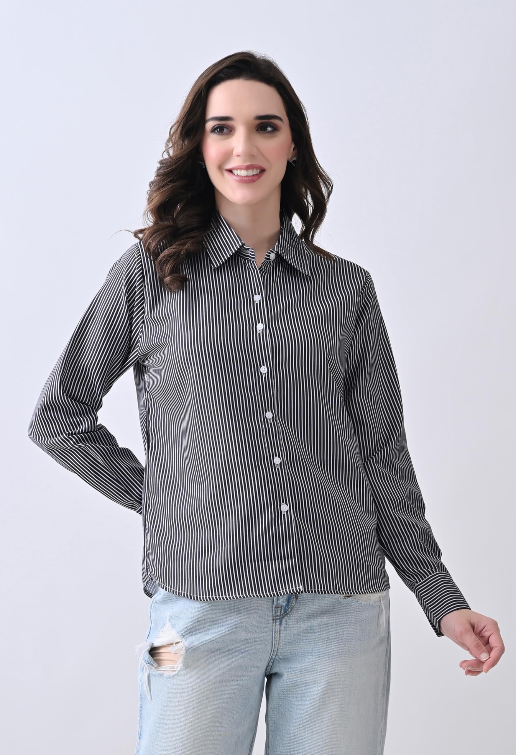 Women's Classic Striped Button-Down Shirt, Long Sleeve, Business Casual, Cotton Blend-image-32