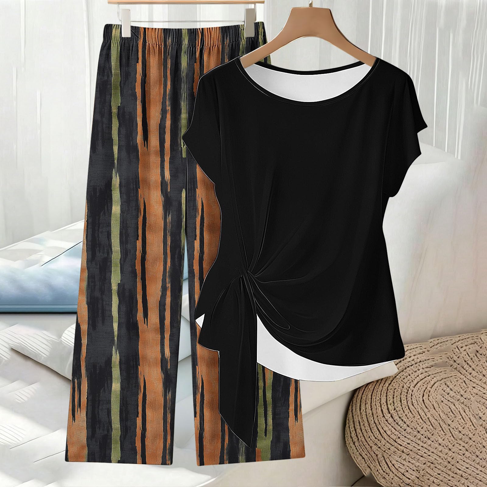 Conjunto Mujer Vestir Dos Piezas,Conjuntos Verano Dos Piezas Elegante Trajes de Blusa Manga Corta y Pantalón Piernas Anchas Casual Suelta Ropa Chándal Cómodo Loungewear Trabajo Diarios
