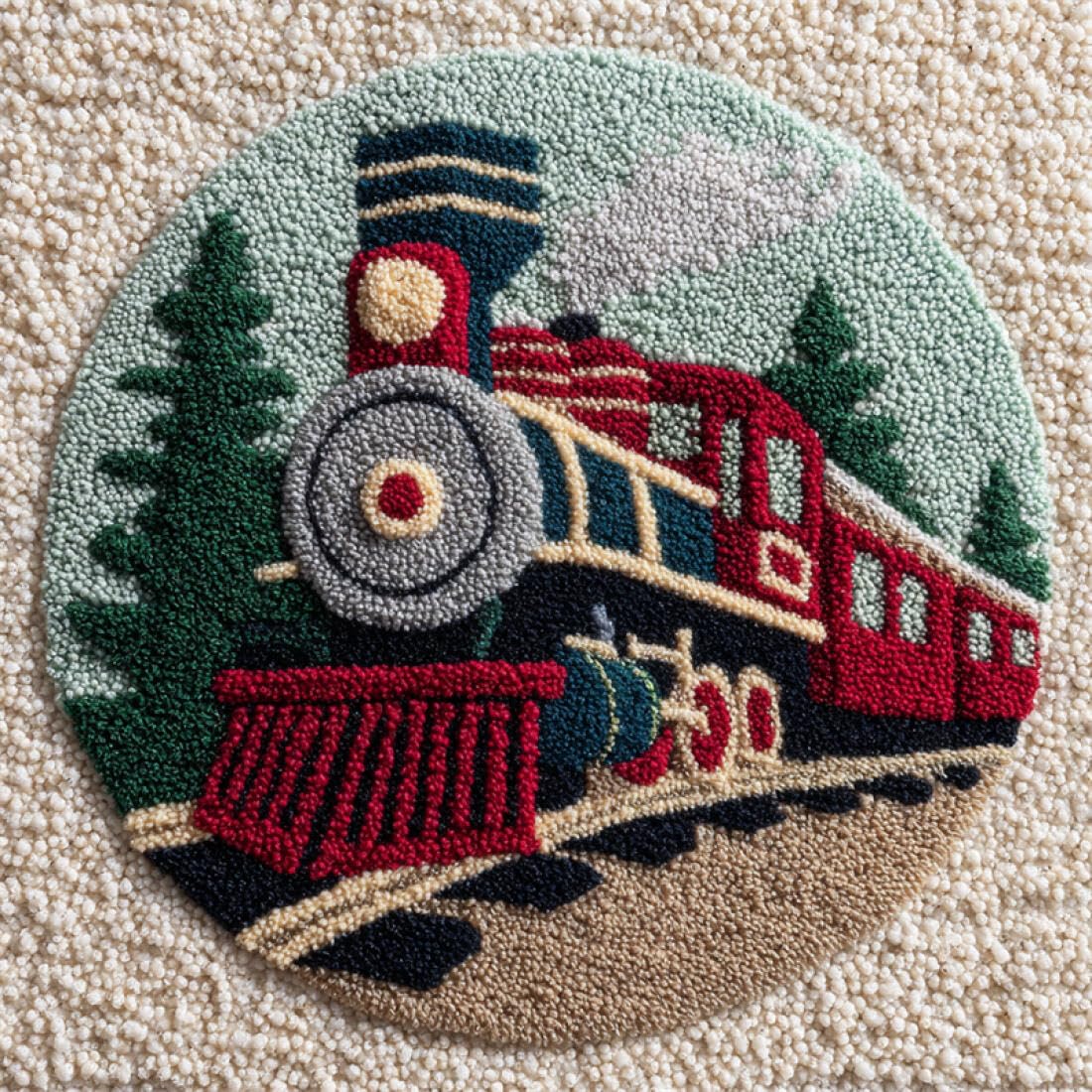 Rqwybcaxn DIY Latch Hook Rug Kit for Teens Embroidery Kit Vintage Train 80x80cm Round Tapestry with Crochet Hook Study Craft Gift