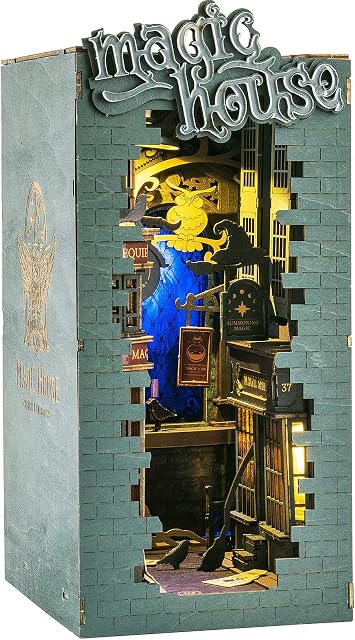 ROBOTIME Wooden Book Nook Dollhouse Kit ,DIY Wall Hanging Miniature Room, Puzzle House Model Building Kits with LED Lights, Home, Bookshelf Decor (Magic House)