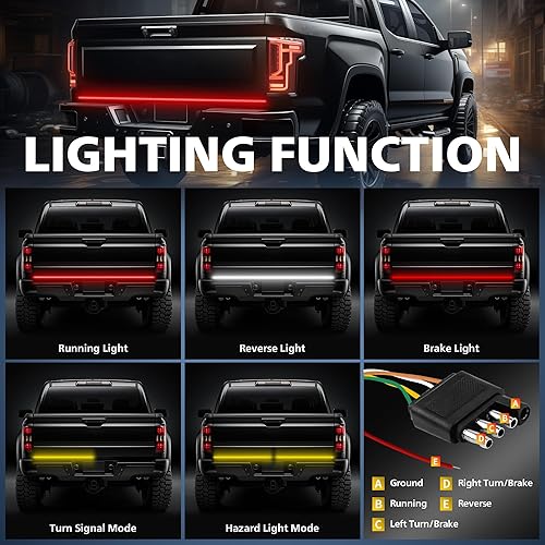 Miniatura 2 de 4WDKING Barra de luz para puerta trasera de camión, tira LED de triple fila de 60 pulgadas con freno rojo, señal de giro ámbar inversa blanca para