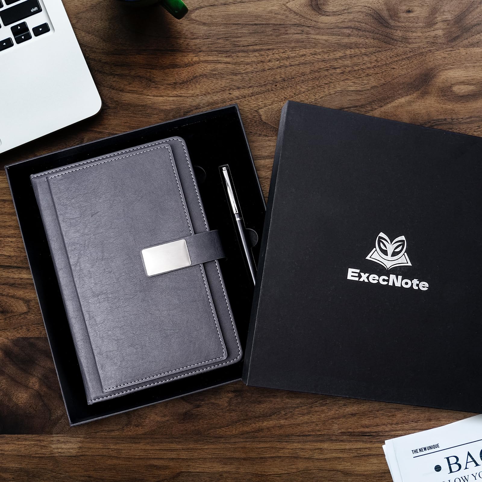 Diario a righe, 256 pagine, formato A5, copertina rigida in pelle, penna inclusa, con tasca per appunti; quaderno per lavoro, appunti, regali personalizzati, grigio