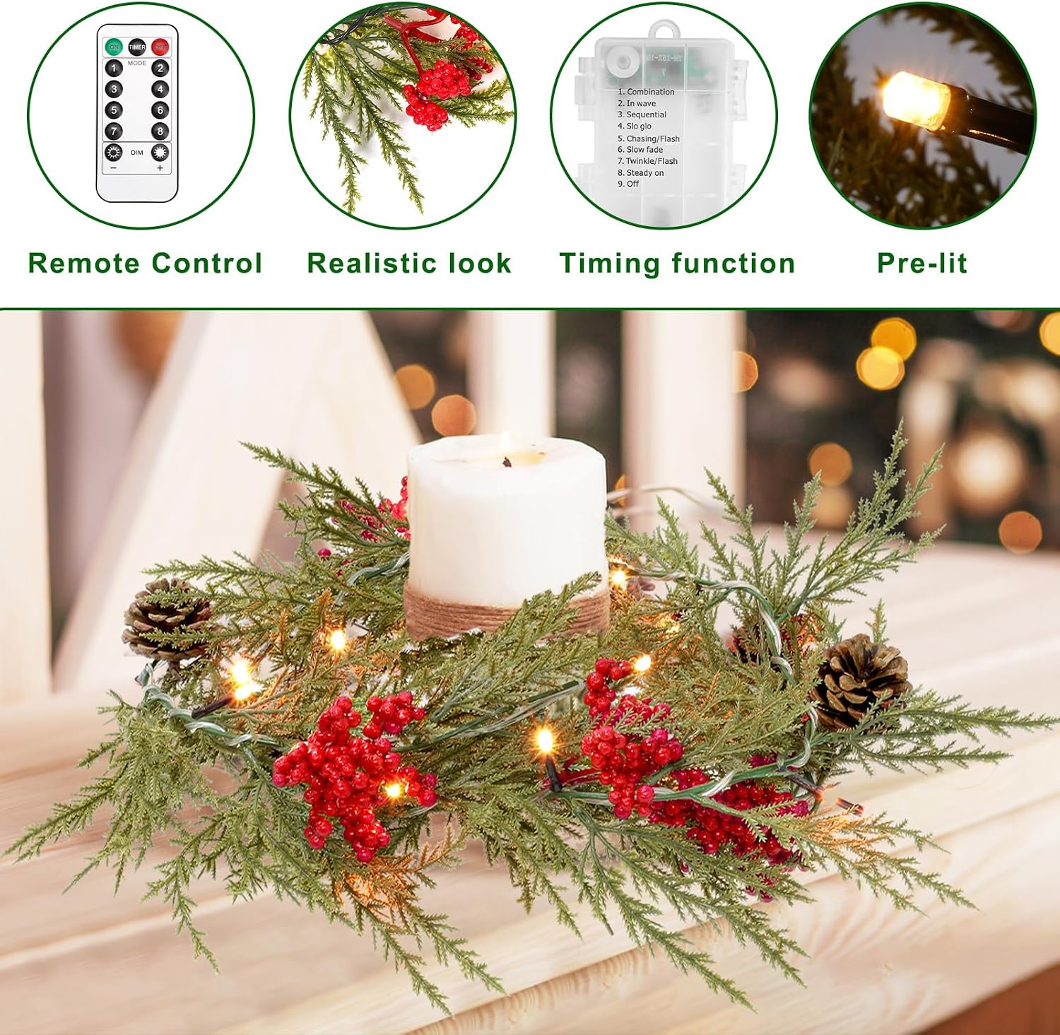Battery Operated Christmas Garland with Lights, Greenery Garland with Timer