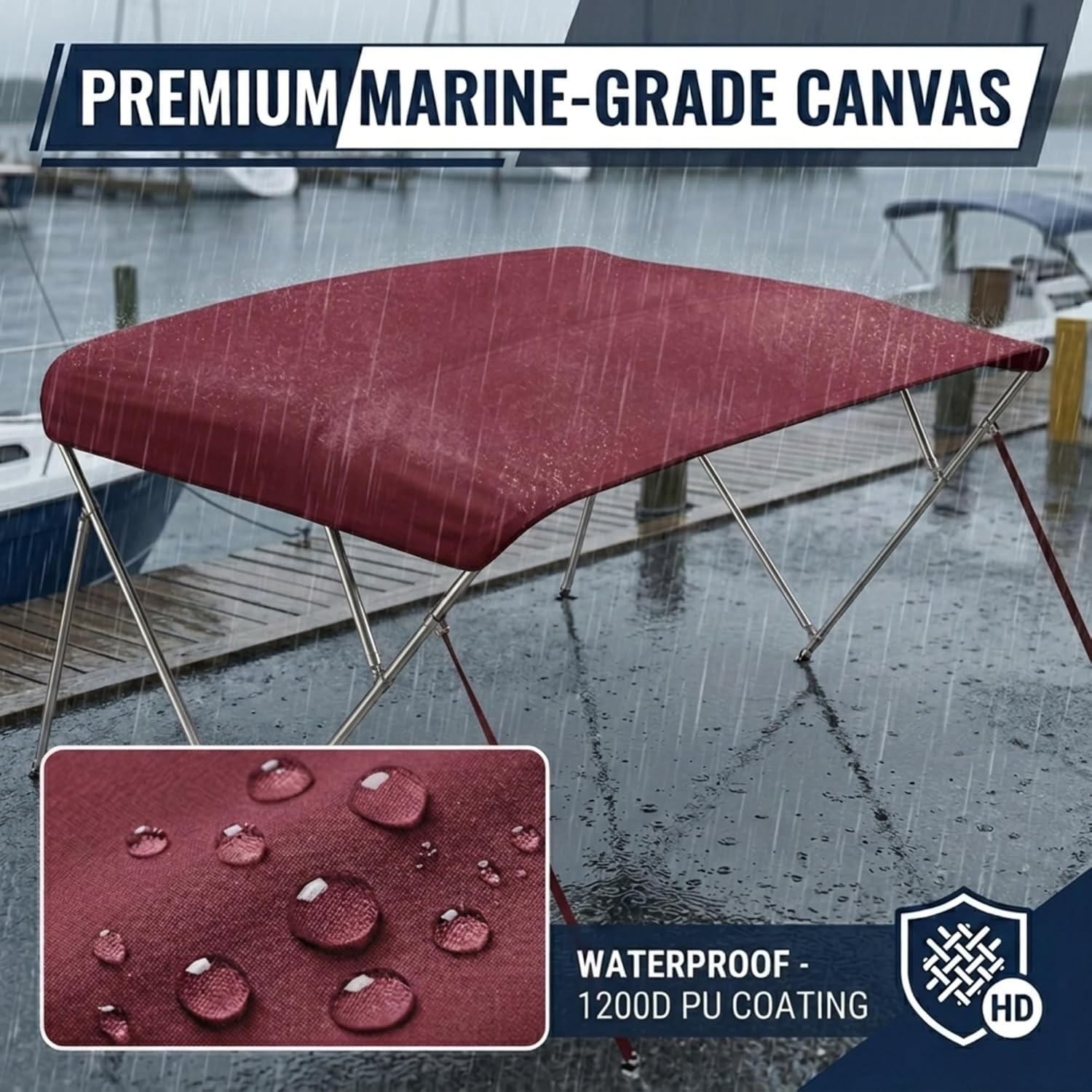 3 Bow Bimini Top Replacement Canvas Only, 1200D Bimini Top Cover with Light Hole, Storage Boot & Easy-Install Zipper Sleeves, Fits 6L 54"–60" W, Sun Shade Boat Canopy, No Frame, Burgundy