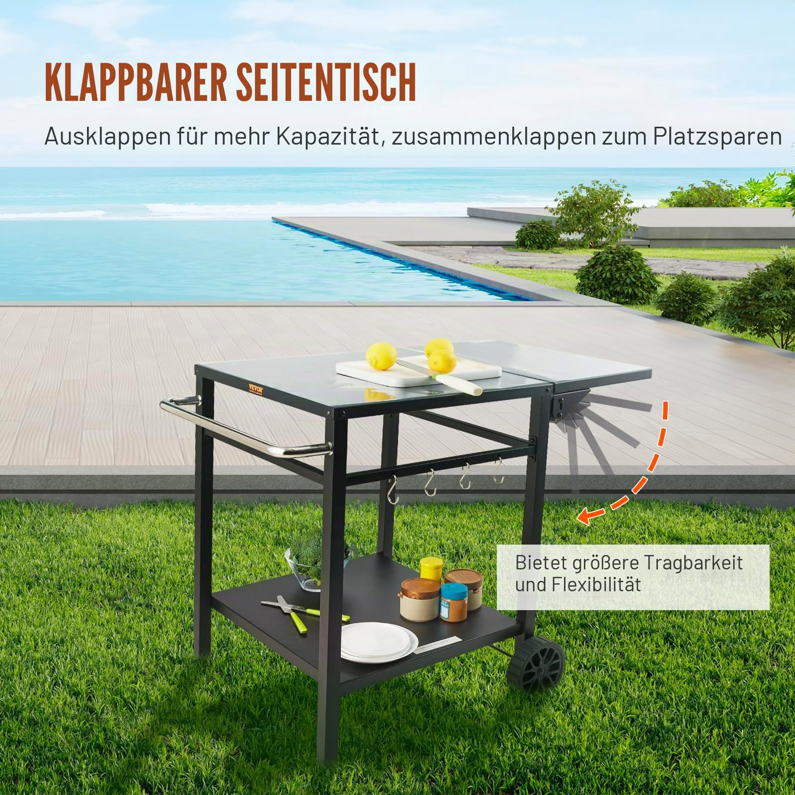 VEVOR Grillwagen Küchenwagen 97,2 x 64 x 75,5 cm Outdoor Servierwagen mit Doppelter Ablage, Beweglicher Grilltisch für die Zubereitung von Speisen, Multifunktionale Tischplatte aus Eisen Schwarz