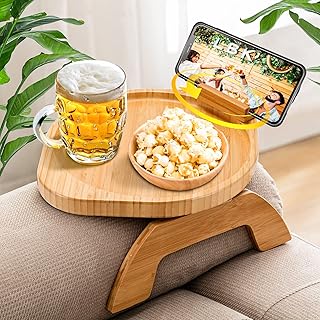 Bamboo Sofa Tray Table Clip on Side Table Couch Arm with 360° Rotating Phone Holder, Couch Tray for Arm, Sofa Table for Eating/Drinks/Snacks/Remote/Control, Nature, 11.8'D x 9.8'W x 1.7'H