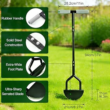 Edger Lawn Tool, Half Moon Edger with T-Grip Handle, Heavy Duty Manganese Steel Saw-Tooth Blade and Wide Footplate, Manual Landscaping Edging for Sidewalk, Yard, Flower Beds