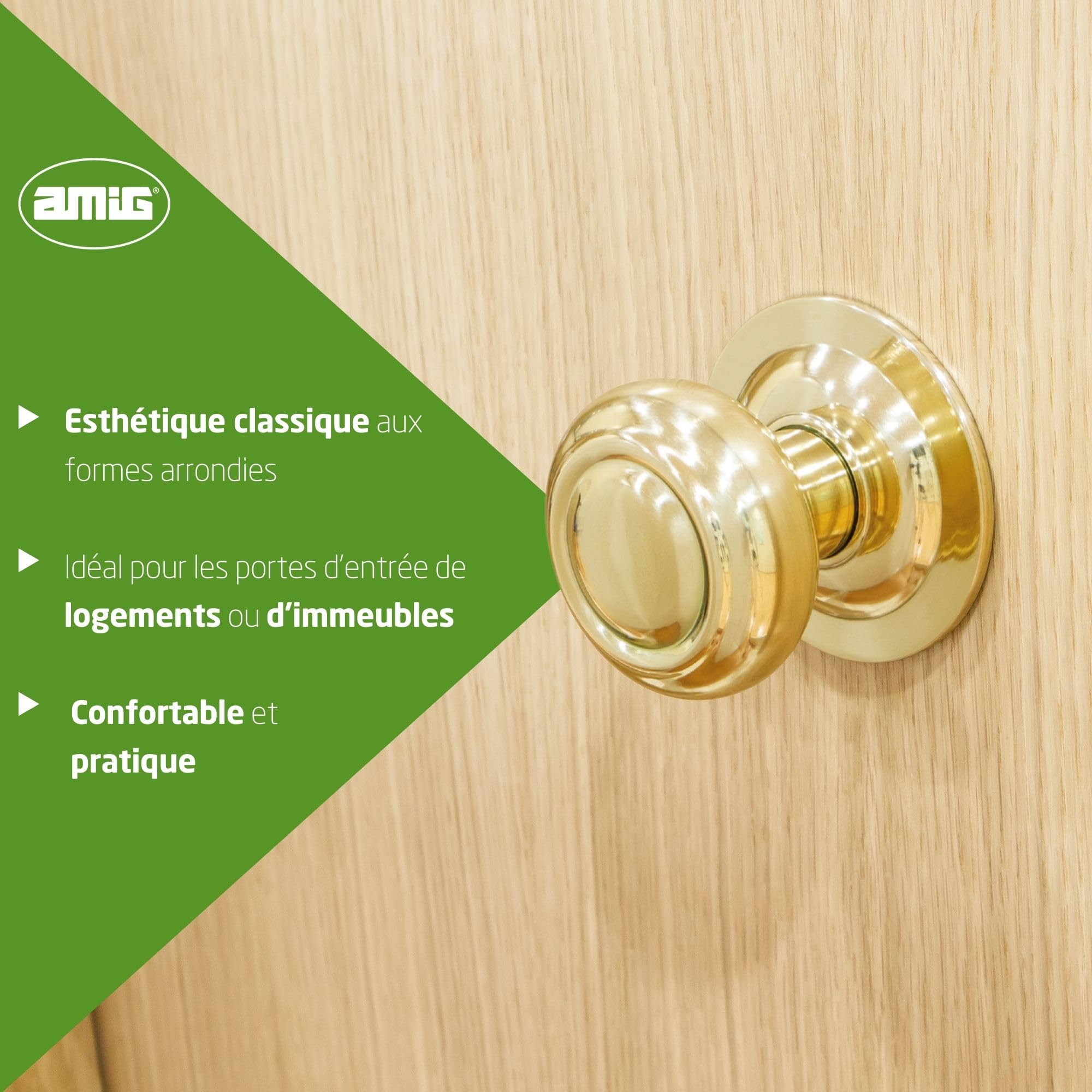 Amig - Bouton Rond pour Portes Extérieures d'Entrée - Poignée pour Porte Principale de la Maison - Diamètre de la Poignée Ø70 mm - Laiton - Doré - Comprend Vis et Écrou de Fixation